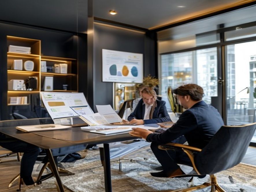 Consultants collaborating over strategic reports